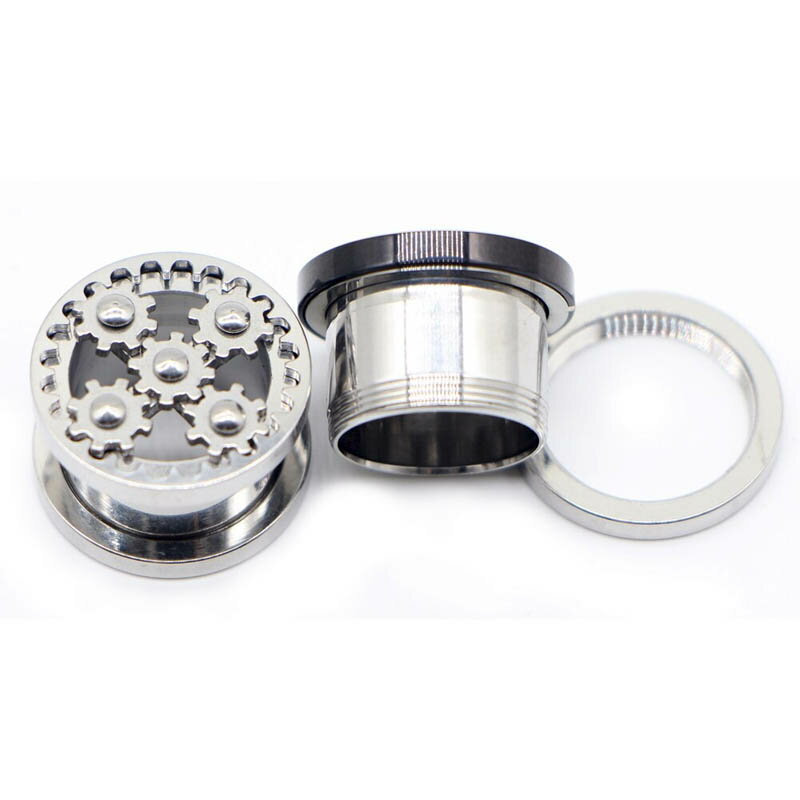 [面白い ボディピアス 14ミリ] からくりトンネル ボディーピアス 14mm 14.0mm 動く ゼンマイ 仕掛け ギア 黒色 ブラック シルバー 銀色 ステンレス メンズ 男子 レディース 女子 プラグ ネジタイプ おもしろい 人気 プレゼント ユニーク ぜんまい 周る 回る クルクル