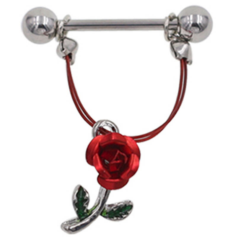 [ 14G ニップル ヘリックス ] レッドローズ ストレートバーベル チャーム 14ゲージ 軟骨 乳首 胸 耳 乳輪 ボディピアス メンズ レディース サージカルステンレス316L 揺れる ボディーピアス 赤いバラ 薔薇 花 フラワー 人気 プレゼント ギフト 母の日 彼女 彼氏 カップル