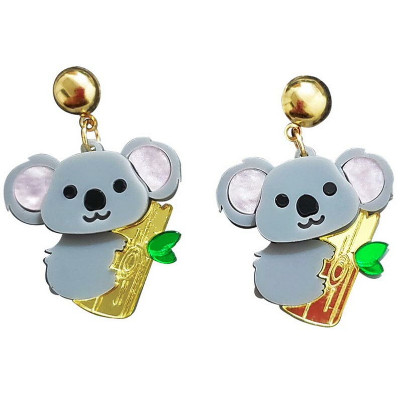 [おもしろい ピアス] コアラピアス(1ペア) 両耳 20G 20ゲージ 面白い 可愛い ゴールド 金色 ユーカリ オーストラリア 動物 アニマル 人気 ペット ハロウイン ユニーク メンズ レディース アクリル プレゼント ギフト クリスマス 笑い ネタ 大きい 舞台衣装 アクリル 男 女