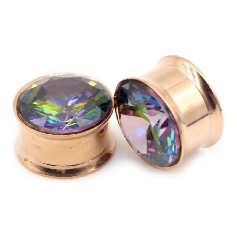 [2G 0G 00G 12mm クリスタル ボディピアス ] ジルコニア ネジ式 ピンクゴールドフレア ボディーピアス 2ゲージ 0ゲージ 00ゲージ 12.0mm 12ミリ ステンレス ホールピアス メンズ レディース 虹色 レインボー ギフト 大人 結婚式 大きい プラグ 人気 おしゃれ ジュエル 石付き