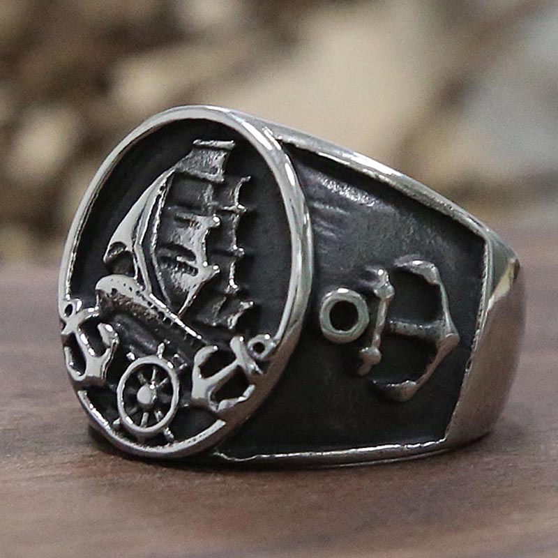 海賊船ステンレスリング(LRC075) サイズ/18号/21号/23号/26号/28号/31号 印台型 船 ヨット アンカー イカリ 碇 錨 マリーン 舵 ボー...