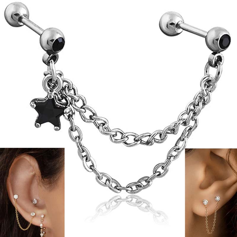 Body Earrings - [18G ヘリックス インダストリアル ボディピアス] キラスターチェーン ストレートバーベル （ブラック） 18ゲージ ボディーピアス サージカルステンレス316L メンズ レディース つなぐ チェーンピアス 軟骨 トラガス 星 ジルコニア耳たぶ ダブル プレゼント 黒色