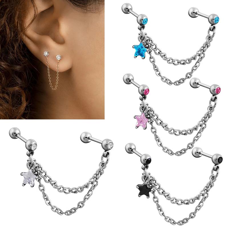 [16G ヘリックス インダストリアル ボディピアス] キラスターチェーン ストレートバーベル （クリスタル） 16ゲージ ボディーピアス サージカルステンレス316L メンズ レディース つなぐ チェーンピアス 軟骨 トラガス 星 ジルコニア耳たぶ ダブル プレゼント 透明