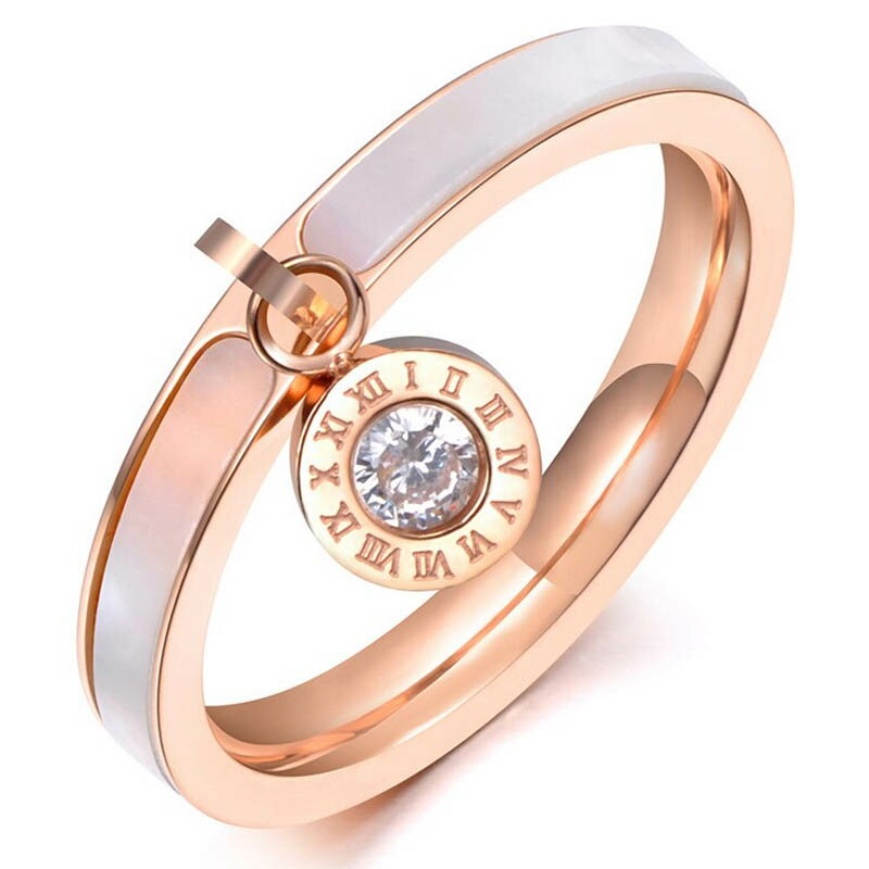 ピンクゴールドクリスタルナンバーチャームシェルステンレスリング(RWS008)サイズ/13号/16号/18号/20号 数字 貝殻 ウエディング 結婚式 パーティ...