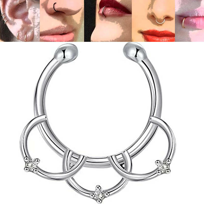 [ノンホールピアス イヤーカフ] サンライズ イヤリング 1個販売 シルバーフェイクピアス メンズ レディース はさむ 銀色 プレゼントフープピアス風 リングピアス風 軟骨ヘリックス ノーズリング セプタム リップフープ 耳 口 鼻 ギフト 男 女 3連 リング クリスタル アーチ