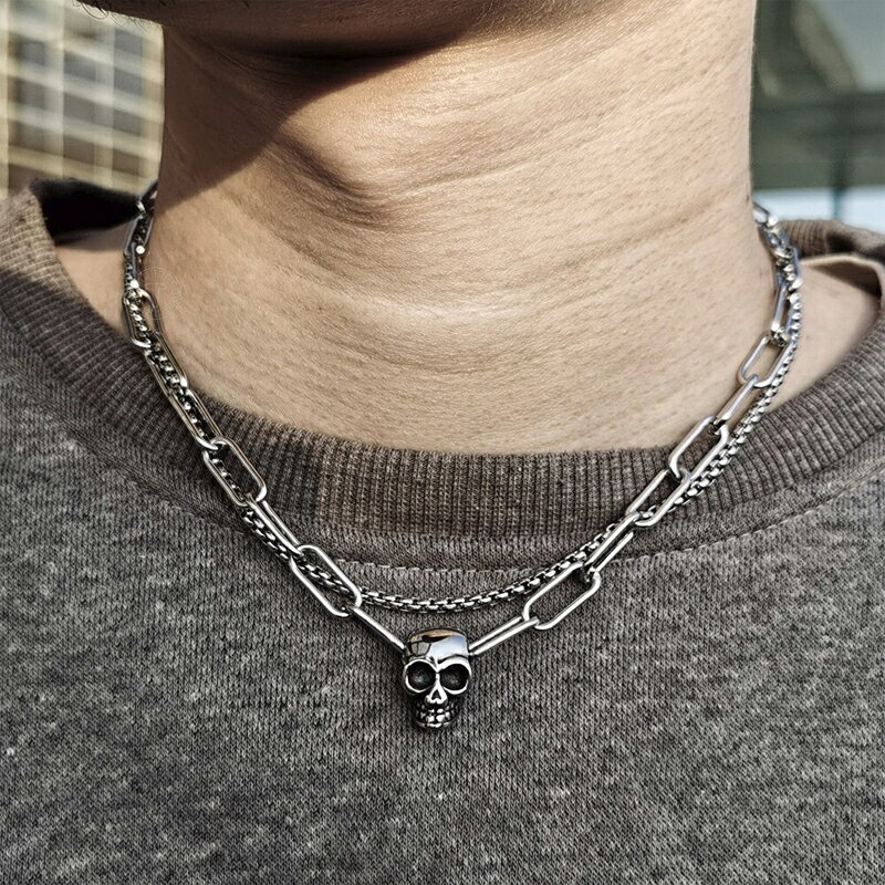 乐天商城 - [サージカルステンレス316L製] ダブルチェーンスカルステンレスネックレスチェーン 1個販売 ステンレスチェーン 銀色 シルバー メンズ レディース 男性用 女性用 マンテル トグル Tバー 人気 おしゃれ プレゼント 彼氏 彼女 クサリ 鎖 甲丸リング 髑髏 ドクロ 骸骨 ガイコツ