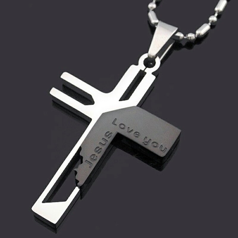 ラブユージーザスクロスステンレスネックレス/ブラック(60cmのステンレスチェーン付き) オーバルボールチェーン ネックレスチェーンつき ペンダントトップ サー...