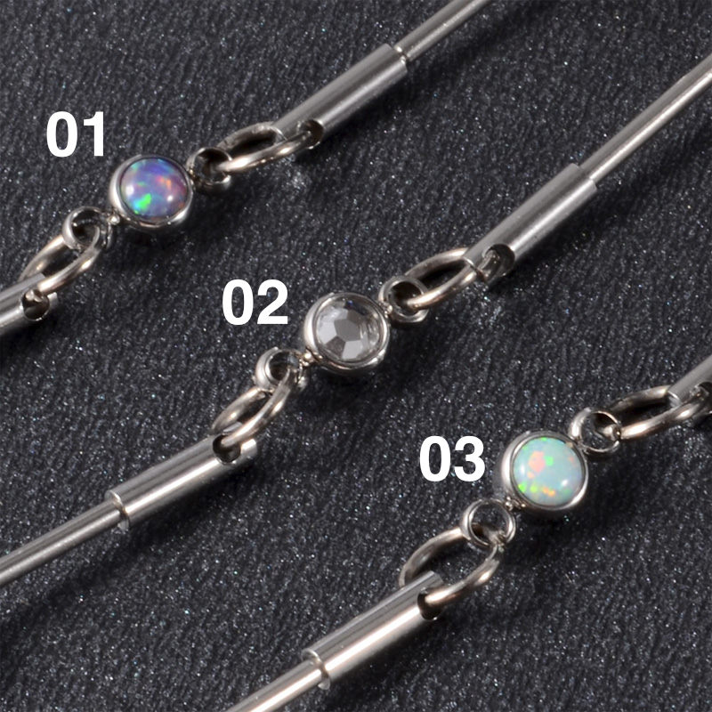 [16G インダストリアル 長いバーベル] ダブルジョイント オパール＆クリスタルボディピアス ストレートバーベル リング ボディーピアス 16ゲージ メガバーベル メンズ レディース 長い ロングバーベル つなぐ 2本 2個 輪っか 曲がる 天然石 動く 人気 おしゃれ 石付き 関節
