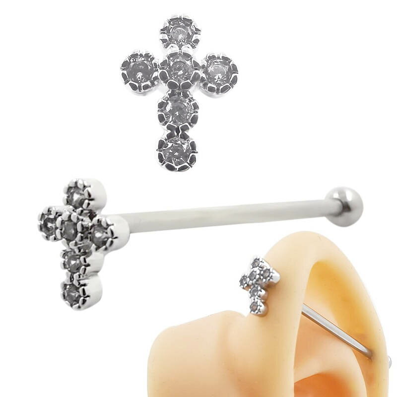 十字架の台座にクリスタルのキュービックジルコニアをセットした14ゲージのインダストリアル用の逆ネジタイプの長いロングバーベル。クロスモチーフが正面に向くオシャレなインダストリアルピアスは男性からも女性からも人気。耳たぶや軟骨をつなぐインダス...