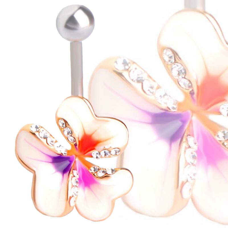 Barbell （Circular） - ハワイアンジュエリーフラワーへそピアス 14G 14ゲージ 花 エナメル クリスタル キラキラ 南国 ハイビスカス ヘソピアス 臍ピアス ボディピアス サージカルステンレス316 ボディーピアス メンズ レディース バナナバーベル カーブバーベル 女子 彼女 プレゼント お礼 お返し