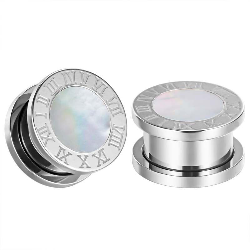[2G 0G 00G 12mm ボディピアス] ローマンナンバーシェルトンネル 2ゲージ 0ゲージ 00ゲージ 12.0mm ステンレス 貝殻 ローマ数字 時計風 ボディーピアス メンズ レディース ネジ式 埋め込み ネジタイプ プラグ ホールピアス 大人 高級 12ミリ プレゼント 男性 女性 人気
