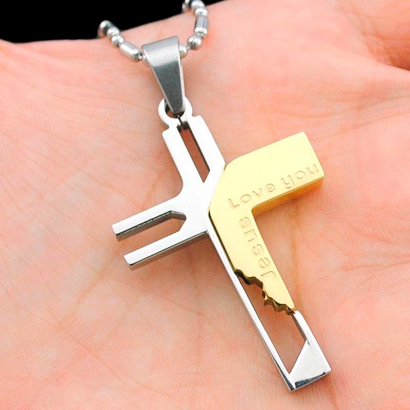 ラブユージーザスクロスステンレスネックレス/ゴールド(60cmのステンレスチェーン付き) オーバルボールチェーン ネックレスチェーンつき ペンダントトップ サー...