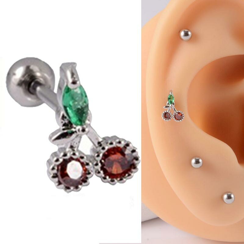 [ボディピアス 20G 果物] フルーツパンチ(さくらんぼ) ストレートバーベル ヘリックスピアス 20ゲージ サクランボ チェリー 赤 ボディーピアス メンズ レディース プレゼント 果物 くだもの 面白い キラキラ ジルコニア 耳 イヤーロブ 軟骨 男性 女性 彼氏 彼女 ステンレス(4.0)