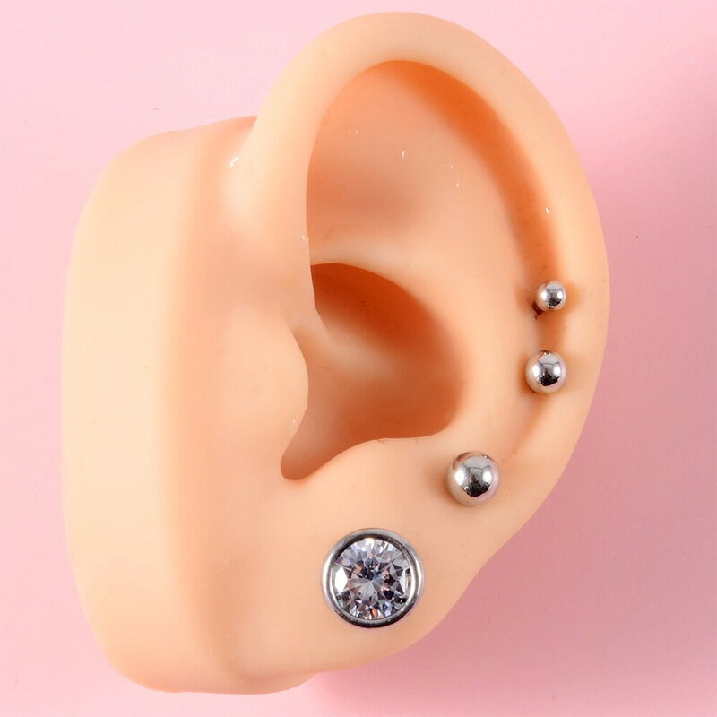 [ボディピアス 16G]クリスタルラウンドジュエル ストレートバーベル ボディピアス 16ゲージ 軟骨 ヘリックス 耳 ボディーピアス トラガス ダイス ロック コンク メンズ レディース ステンレス フェイク プラグ型 ネジ 細い 1.2mm 男性 女性 透明 ジルコニア 丸型 台座 石付き