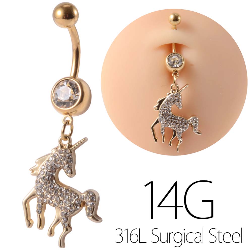 [14G カーブバーベル ボディピアス] パベユニコーンチャーム ゴールドへそピアス 14ゲージ ヘソピアス ..