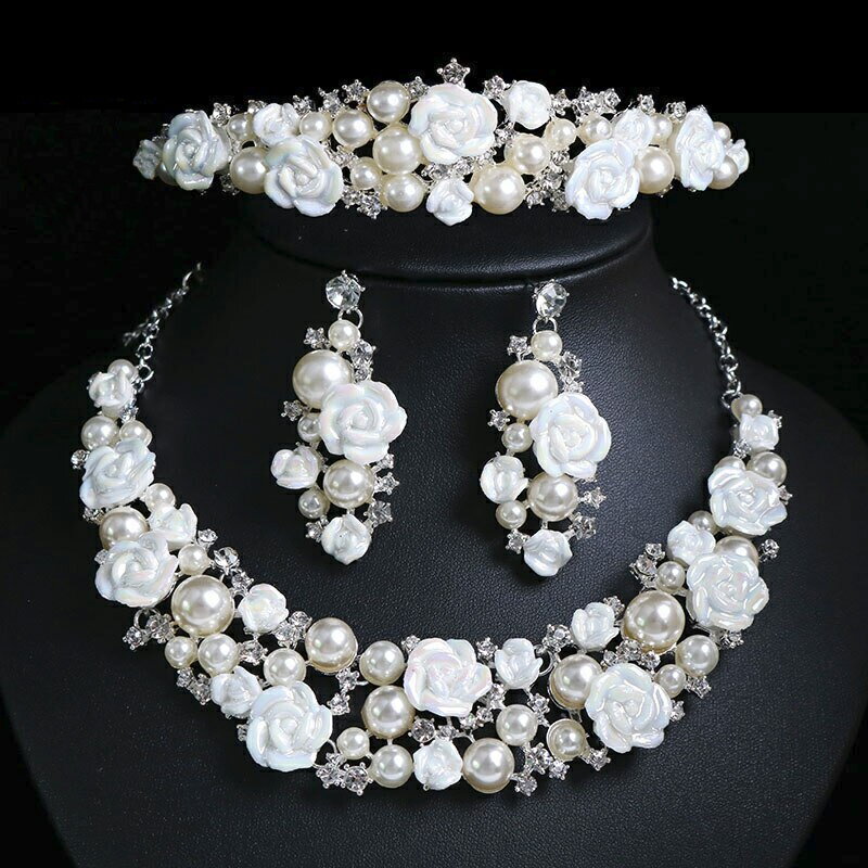 플라워 펄 크리스탈 웨딩 쥬얼리 세트 (피어스 & 목걸이 & 티아라) 목걸이 초커 레이디스 결혼식 라인 스톤 지르코니아 왕관 가장 공주 공주 공주 피로연 드레스 선물 공주 사진 엄마 진주 꽃 장미