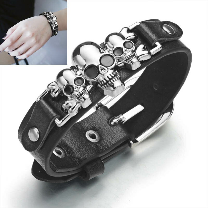 トリプルスカルレザーブレスレット 1個販売 メンズ レディース 3個 スリー 3人 3連 ドクロ ガイコツ 髑髏 がい骨 骸骨 革 皮 レザーブレスレット 腕輪...