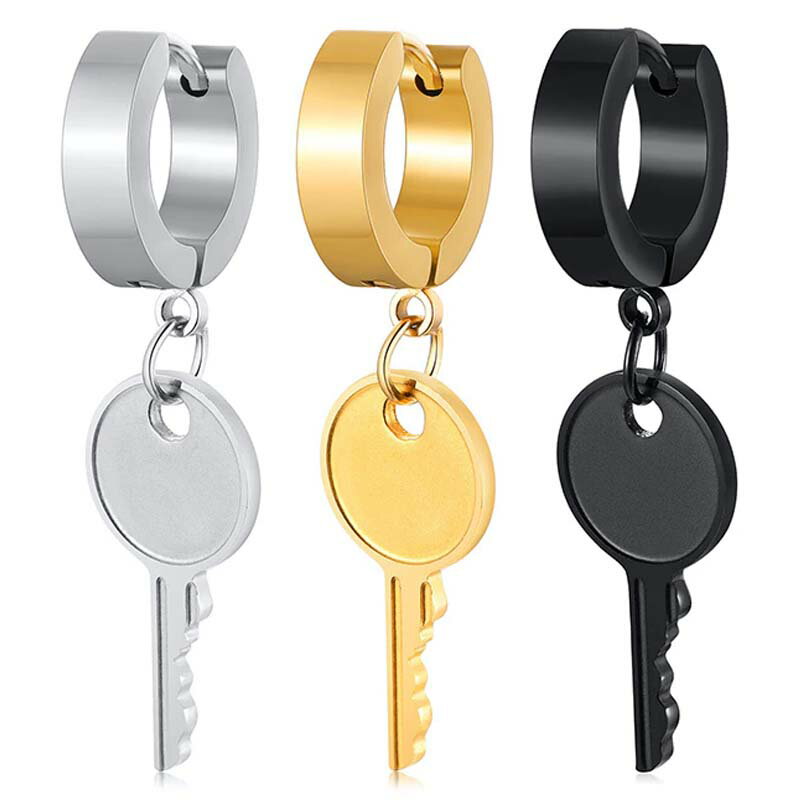 カギチャームフープピアス 1個販売 中折れ ステンレスピアス リングピアス メンズ レディース 南京錠 パドロック ブラック ゴールド シルバー 黒色 金色 1...
