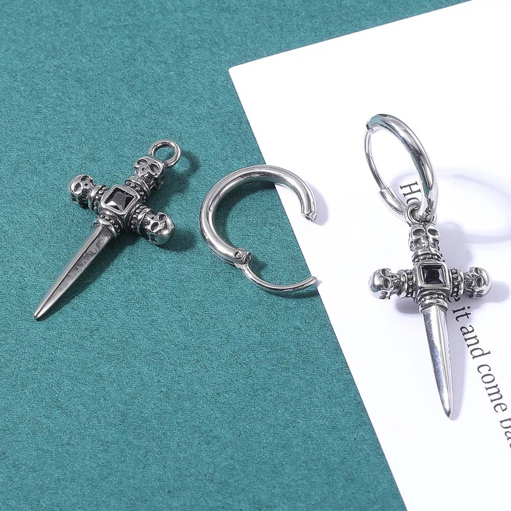 スカルソードクロスジュエル フープピアス 1個販売 シンプル ガイコツ ドクロ 十字架 ブラック 黒色 ジルコニア 剣 ナイフ 刀 18G 18ゲージ 耳 軟骨 リングピアス ステンレス メンズ レディース ステンレスピアス 片耳用 ポールリング 彼女 プレゼント 揺れる 人気 骸骨