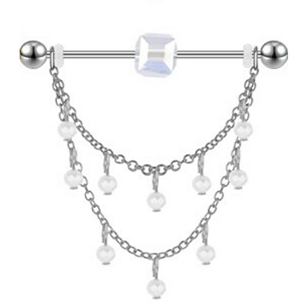 [14G インダストリアル ボディピアス]アイスキューブストーン ボディーピアス 14ゲージ メガバーベル メンズ レディース 人気 ストレートバーベル 長い ロングバーベル ステンレスプレゼント ヘリックス 軟骨 つなぐ 揺れる 四角形 氷 白色 ホワイト オパール ビーズチャーム