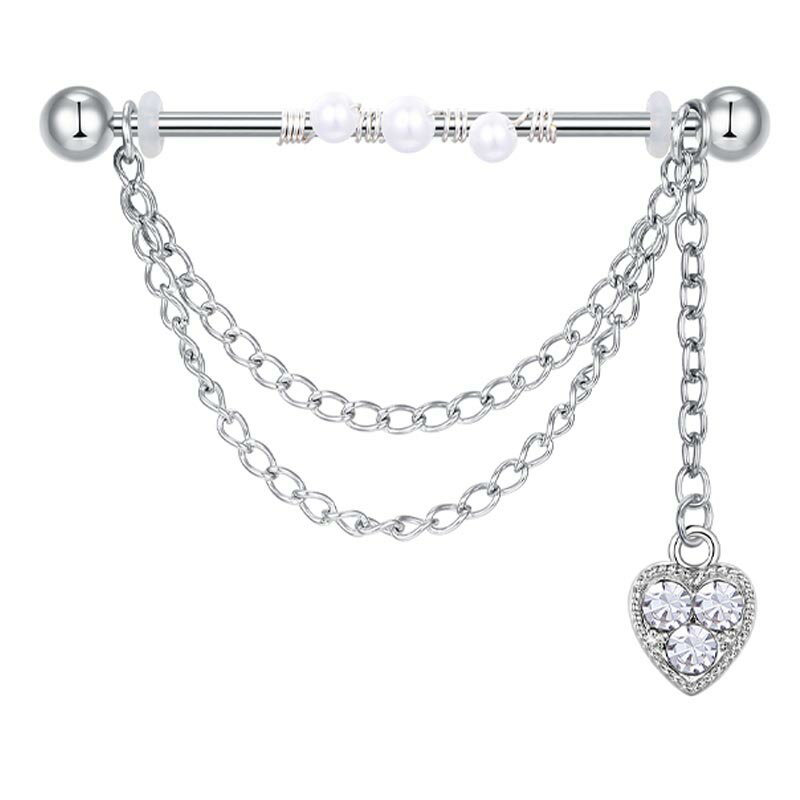 Rakuten - [14G インダストリアル ボディピアス] パベハートチャーム メガバーベル 14g 14ゲージ メンズ レディース 人気 ストレートバーベル 長い ロングバーベル ステンレス プレゼント ヘリックス 軟骨 つなぐ 揺れる クリスタル 可愛い 真珠 パール かわいい ジュエル 石付 パヴェ