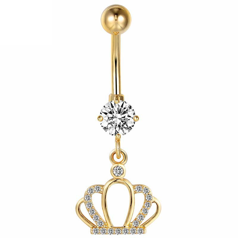[14G カーブバーベル ボディピアス] エンペラーティアラチャームゴールド へそピアス 14ゲージ ヘソピアス 臍ピアス メンズ レディース ボディーピアス サージカルステンレス316L ジルコニア クリスタル 揺れる パベ ジュエル 石 キラキラ ストーン 金色 爪 ツメ バーチカル
