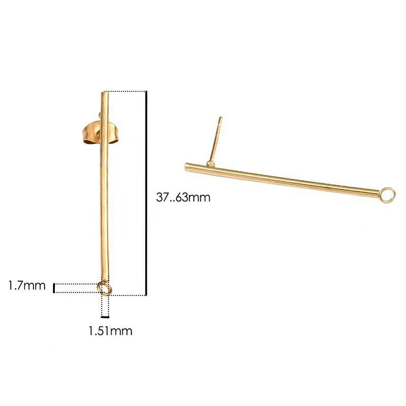 DIY ゴールドロングスピア チャーム穴ありステンレスピアス 1ペア販売 キャッチ付き 金色 パーツ キャッチピアス 金具 手作り ピアス作り ハンドメイド ポスト クラフト 製作 自作 部品 メンズ レディース 付け替え つけかえ 長い 棒 丸環 マルカン 丸カン ダングル 交換用