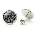 14mm カボションピアス (フラワーペイズリー) 1ペア 両耳 綺麗 人気 花 黒色 白色 ブラック ホワイト 丸型 丸い カボーション 20G 20ゲージ ...