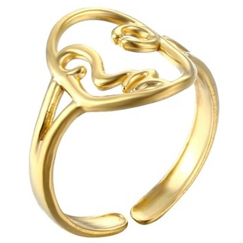 人気の顔をモチーフにした芸術品のようなおしゃれなステンレス製の指輪。 金色にゴールドメッキしたステンレスリング。 サイズが調整できるフリーサイズのステンレスリングに高級感のあるゴールドメッキは、男性からも女性からも人気。 サイズ調整ができるので、指先の指輪ファランジリングとして使ったり、足の指輪トゥリング（トーリング）に使ったり、大きめのリングカフとして耳の側面に付けてイヤーカフに使ってもお洒落なアクセサリー。 出荷時は14号での出荷となりますが、ステンレス素材なので少し硬いですが工具がなくてもある程度は調整できるので、15号、16号、17号、18号、19号、20号、21号、22号、23号、24号ぐらいまでなら調整できるので、サイズがわからない彼氏や彼女へのプレゼントにも最適です。 ステンレス素材で高級感もあるので、誕生日プレゼントやクリスマスギフト、記念日プレゼントにもオススメ！ メンズでもレディースでも使えるのでペアリングにも。 サイズが調整できるので、友人と同じデザインでオソロにもできる。 [スペック]サイズ：フリーサイズ 素材:ステンレス・表示は1個の価格です