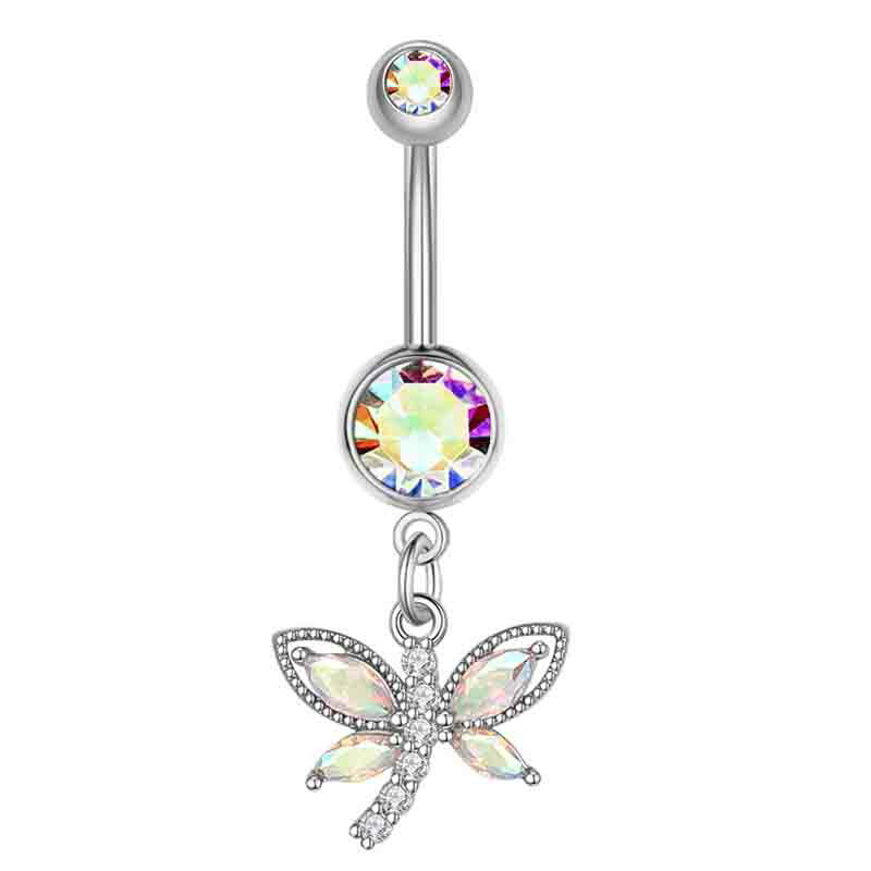 [14G カーブバーベル ボディピアス] バタフライチャームへそピアス 14ゲージ ヘソピアス 臍ピアス メンズ レディース ボディーピアス サージカルステンレス316L ジルコニア クリスタル ジュエル 石付き キラキラ ストーン ちょう チョウ 虹色 レインボー 揺れる 綺麗 人気