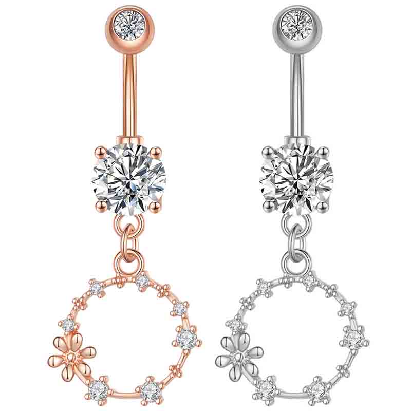 [14G カーブバーベル ボディピアス] ロイヤルフラワーリースヘソピアス 14ゲージ ヘソピアス 臍ピアス メンズ レディース ボディーピアス サージカルステンレス316L ジルコニア クリスタル ジュエル 石付き キラキラ ストーン ピンクゴールド シルバー 花 誕生日 クリスマス