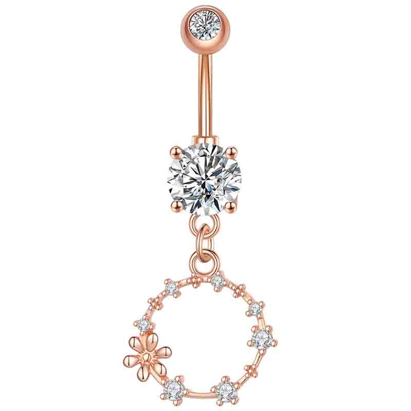 [14G カーブバーベル ボディピアス] ロイヤルフラワーリースヘソピアス 14ゲージ ヘソピアス 臍ピアス メンズ レディース ボディーピアス サージカルステンレス316L ジルコニア クリスタル ジュエル 石付き キラキラ ストーン ピンクゴールド シルバー 花 誕生日 クリスマス