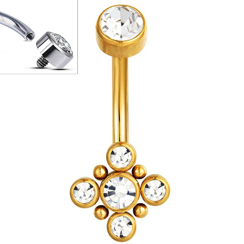 [14G サージカルステンレス316L ボディピアス] ゴールド マルマル インターナル へそピアス 14ゲージ ヘソピアス 臍ピアス メンズ レディース 14g ボディーピアス 揺れない バーチカル カーブバーベル 石付き ジルコニア ジュエル クリスタル ストーン 内ネジ ボール 金色