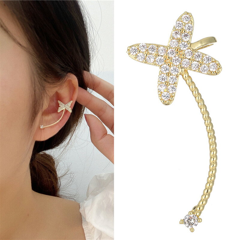 ゴールドパベフラワーリーフ イヤーカフピアス 1個 左耳用 花 蔦 4枚 風車 羽根 石付きイヤーラップピアス 耳 イヤーフックピアス メンズ レディース キラキラ パヴェ 金色 ゴールド クリスタル ラインストーン ジルコニア 結婚式 パーティー 入学式 20G 20ゲージ 男 女(4.0)