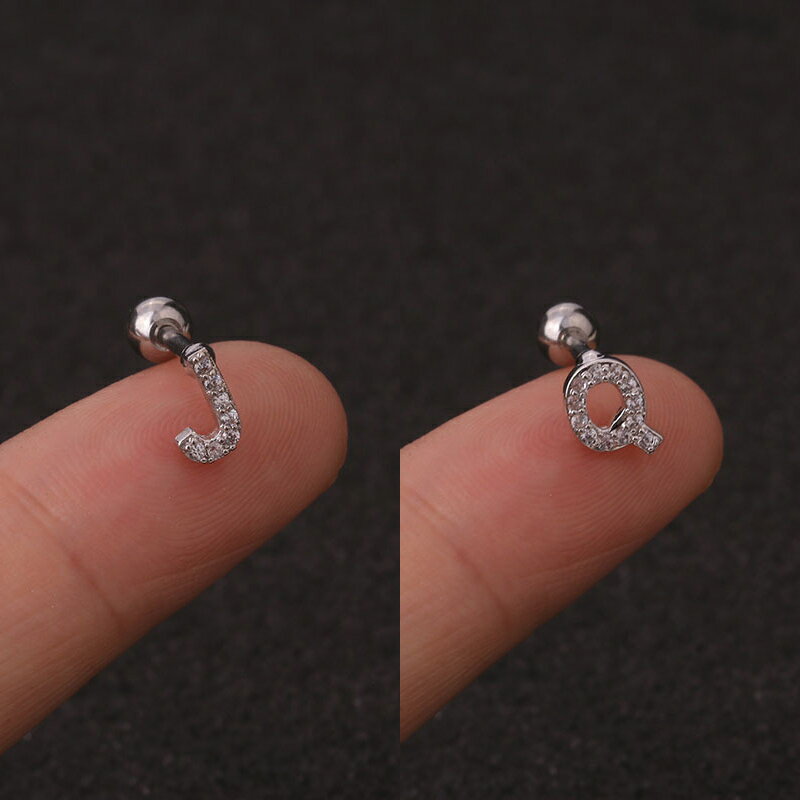 [16G ボディピアス ストレートバーベル] クリスタルパヴェアルファベットシルバー ヘリックス 16ゲージ 軟骨 耳 アンテナヘリックス ボディーピアス サージカルステンレス316L メンズ レディース プレゼント 彼氏 男性 彼女 女性 銀色 英語 メッセージ イニシャル 文字 名前
