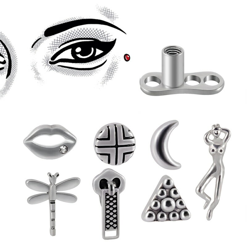 [ボディピアス 14ゲージ ] サージカルステンレス316L デザインダーマルアンカー ボディーピアス 14ゲージ 埋込 インプラント メンズ レディース ラインストーン 皮膚の下 埋め込み 専門 サーフェイス 逆ネジ 内ネジ インターナル 月 とんぼ ファスナー ジッパー 唇 人間 釘