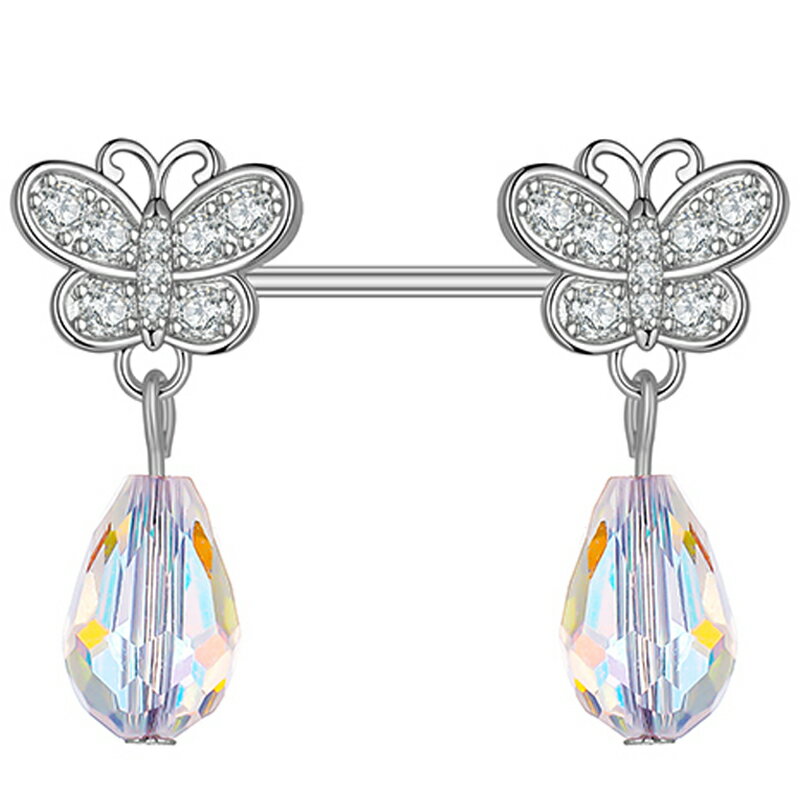 [ 14G ニップルピアス ヘリックスピアス ] クリスタルバタフライビーズチャーム ストレートバーベル 14ゲージ 軟骨 乳首 胸 耳 乳輪 ボディピアス メンズ レディース サージカルステンレス316L ボディーピアス 蝶 ちょう チョウ 揺れる レインボー 虹色 ジルコニア 涙 雫 滴