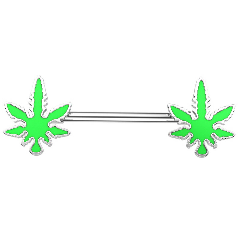 [ 14G ニップルピアス ヘリックスピアス ] グリーンガンジャリーフ ストレートバーベル 14ゲージ 軟骨 乳首 胸 耳 乳輪 ボディピアス メンズ レディース サージカルステンレス316L ボディーピアス エナメル 緑色 葉 マリファナ メープル プレゼント 彼氏 彼女 ラスタ レゲエ