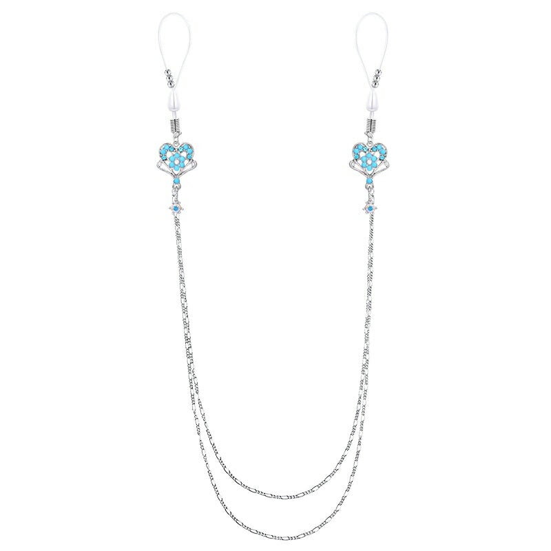 [乳首 ノンホールピアス]ターコイズハートダブルニップルクリップチェーン 胸 ボディピアス メンズ レディース ニップルジュエリー はさむ つなぐ 開けない ボディーピアス くさり 鎖 チェーンボンテージ風 ボンデージ風 SM風 ファッション 真珠 パール トルコ石 天然石風