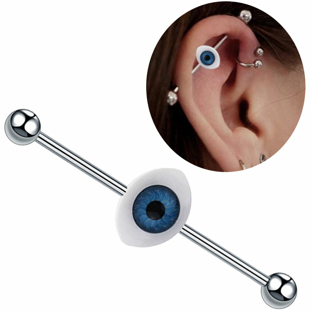 [14G インダストリアル 長いバーベル] ブルーアイズ ストレートバーベル 14ゲージ ボディピアス メガバーベル メンズ レディース 長い ロングバーベル 軟骨 つなぐ サージカルステンレス316L 目玉 青い目 眼 おもしろい ユニーク 不気味 ハロウィン ドールアイ 人形の眼(4.0)