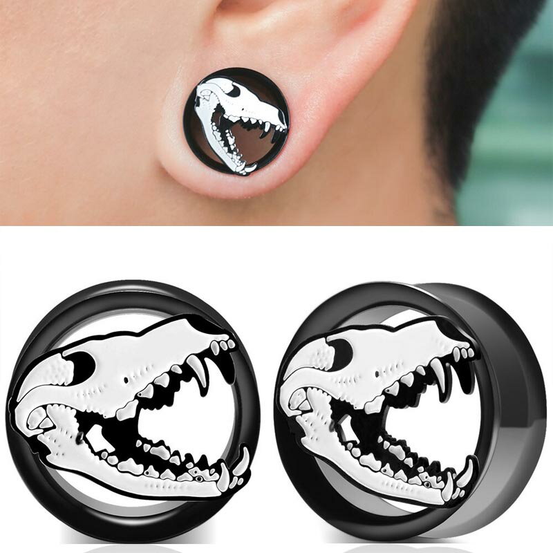 [00G 12mm 14mm ボディピアス] スカルザウルスブラック ダブルフレア ボディーピアス 1個 00ゲージ 12..