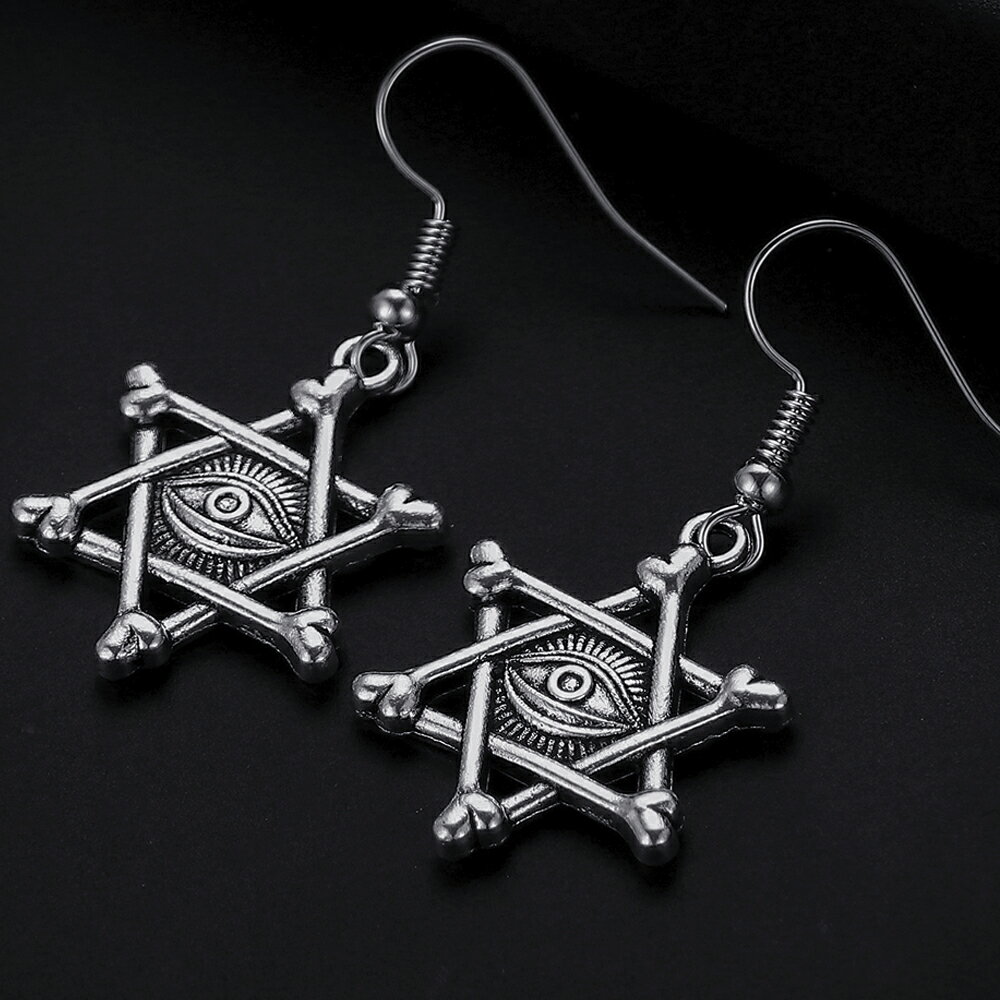 Majestic Bone Eye Stainless Steel Earring / 1 Piece (Single Earring) Surgical Stainless Steel 316L Dangle Hook Earring 20G 20 Gauge Fashion Earring 20g Gift for Men and Women Magic Circle Hexagram Bone Eye Mysterious Spooky Star of David Skull Skeleton
