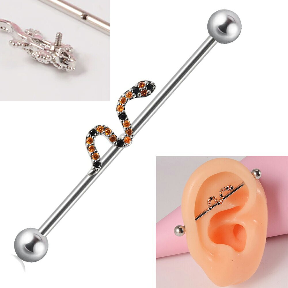 [14G インダストリアル 長いバーベル] リームバブルインダストリアル（ビジュースネーク） 14ゲージ ボディピアス サージカルステンレス316L メガバーベル メンズ レディース ロングバーベル 軟骨 つなぐ 男子 女子 ヘビ へび 蛇 スネイク ジルコニア クリスタル キラキラ