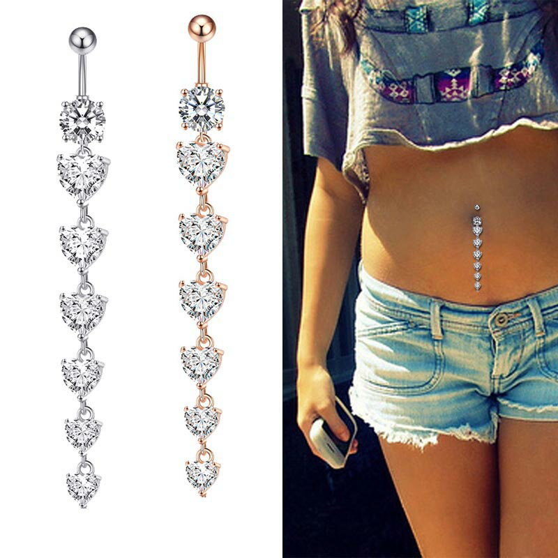 [14G ボディピアス 臍ピアス] ロングハートチャーム へそピアス 14ゲージ ヘソピアス メンズ レディース ボディーピアス サージカルステンレス316L バナナバーベル カーブバーベル 人気 男性 女性 ジルコニア 綺麗 シルバー 銀色 ピンクゴールド クリスタル 6個 長い 贈り物