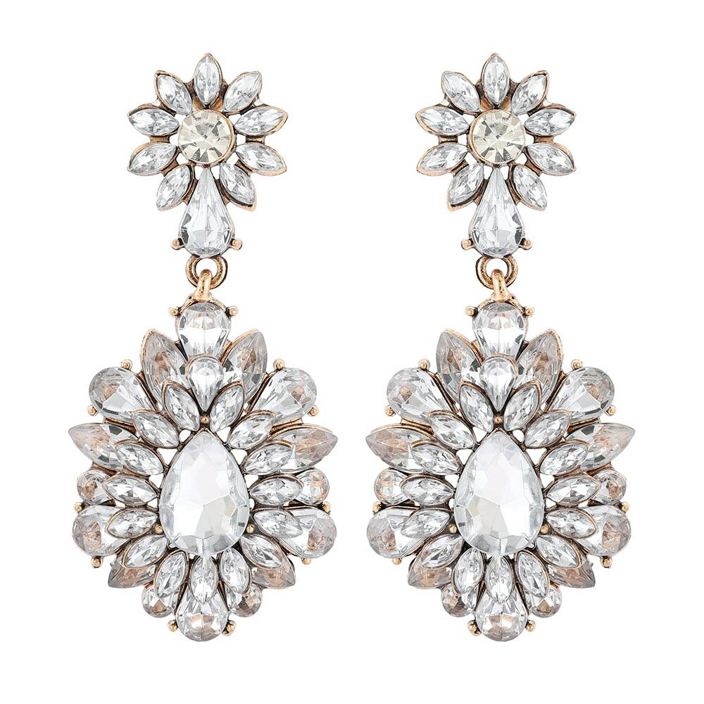 White Snow Flower Fashion Earrings, 1 Pair, Crystal Jewel Stone, Large, Sparkling, Women's, for Entrance Ceremonies, Graduations, Parties, Recitals, Both Ears, 20G (20 Gauge), Women's, Wedding, Bridal, Popular Gift, Long, Dangle, Zirconia, Bijou, Flower, Teardrop