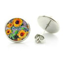 14mm カボションピアス (向日葵) 1ペア 両耳 花 フラワー 油絵風 ひまわり ヒマワリ 夏休み 花屋 フラワーアート ショップ 丸型 丸い カボーション...