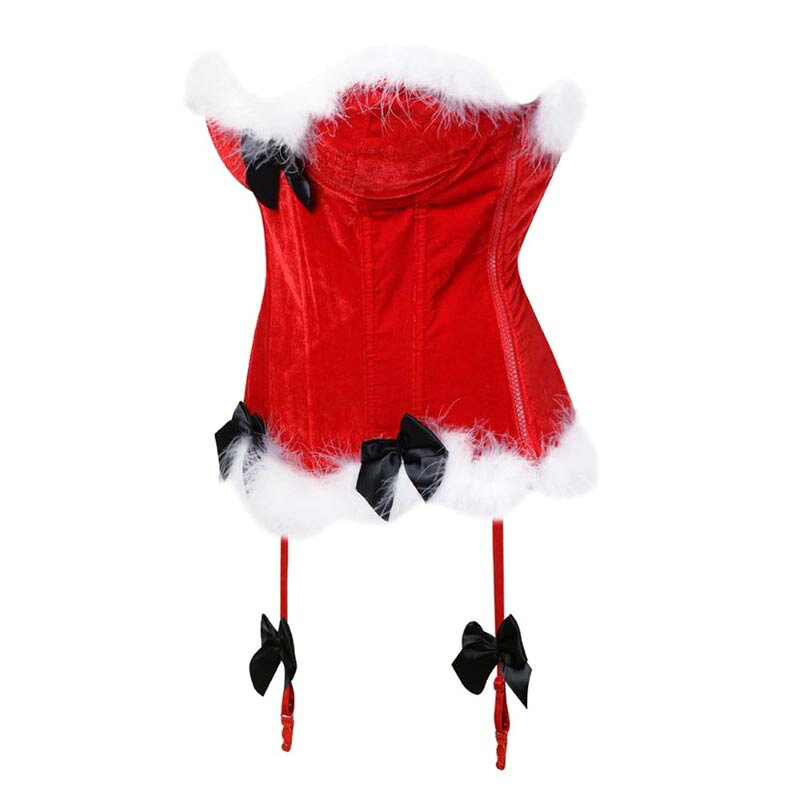 サンタクロース ガーターベルト付き コルセット S M L 黒いリボン 白いファー ベルベット 赤色 レッド クリスマス ボディースーツ コスプレ 衣装 補正下着 コスチューム SM ボンデージ 大人 仮装 拘束具 レースアップ ドレス ブラ ベスト ビスチェ ウエスト レディース 女性 mixnuts-10036925 ピアス専門ショップGreen Piercing サンプル画像2