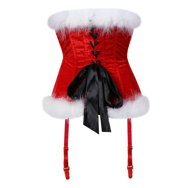 サンタクロース ガーターベルト付き コルセット S M L 黒いリボン 白いファー ベルベット 赤色 レッド クリスマス ボディースーツ コスプレ 衣装 補正下着 コスチューム SM ボンデージ 大人 仮装 拘束具 レースアップ ドレス ブラ ベスト ビスチェ ウエスト レディース 女性 mixnuts-10036925 ピアス専門ショップGreen Piercing サンプル画像3