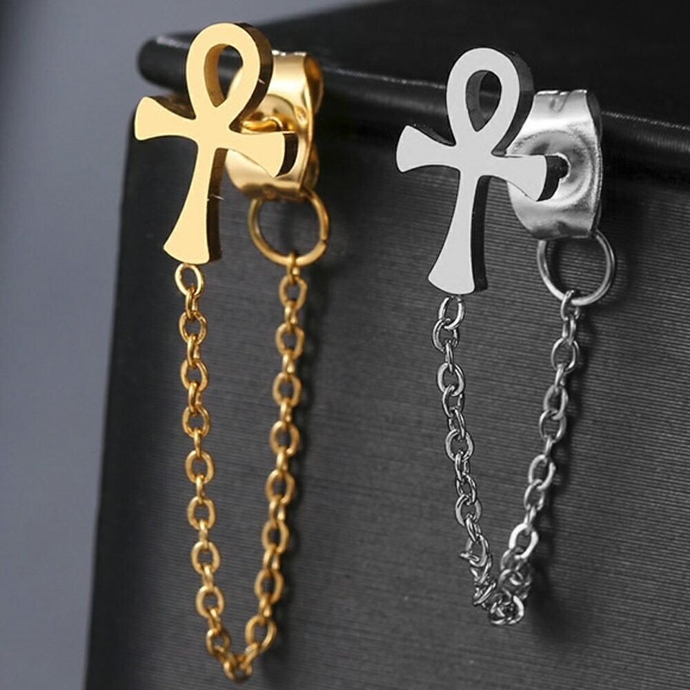 バックキャッチチェーン ステンレスピアス （アンククロス）1個 ゴールド シルバー 金メッキ 銀メッキ 20G 20ゲージ メンズ レディース キャッチピアス 軟骨 耳 スタッドピアス 彼氏 彼女 男 女 プレゼント ギフト ジャケットピアス 鎖 クサリ 十字架 神聖 ロザリオ お洒落