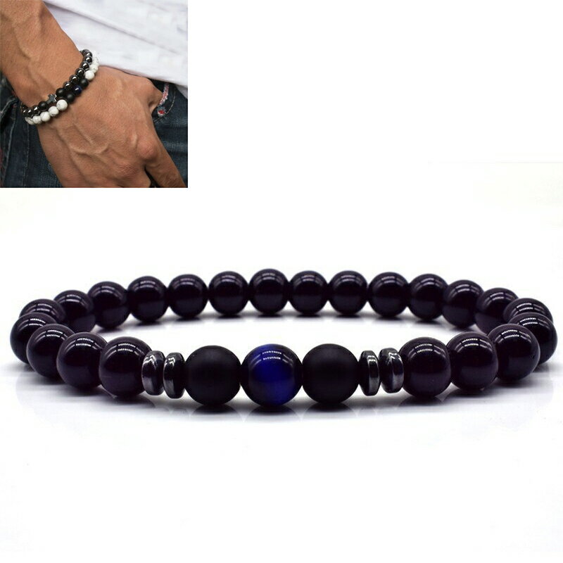 8mm 天然石風 ブラックアゲートヘマタイトビーズストーンブレスレット （ブルーキャッツアイ）1個 琥珀..